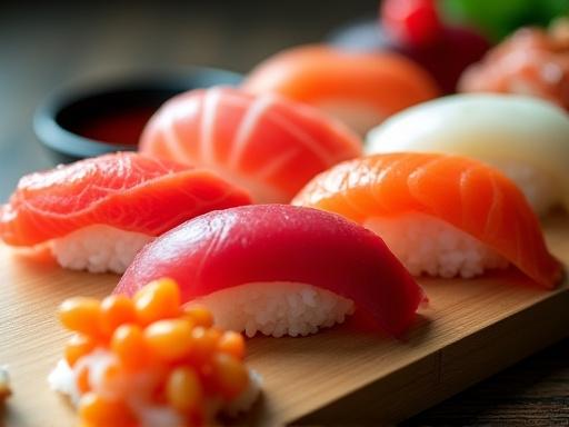 An elegant wooden board displaying a variety of perfectly formed nigiri and maki sushi.
